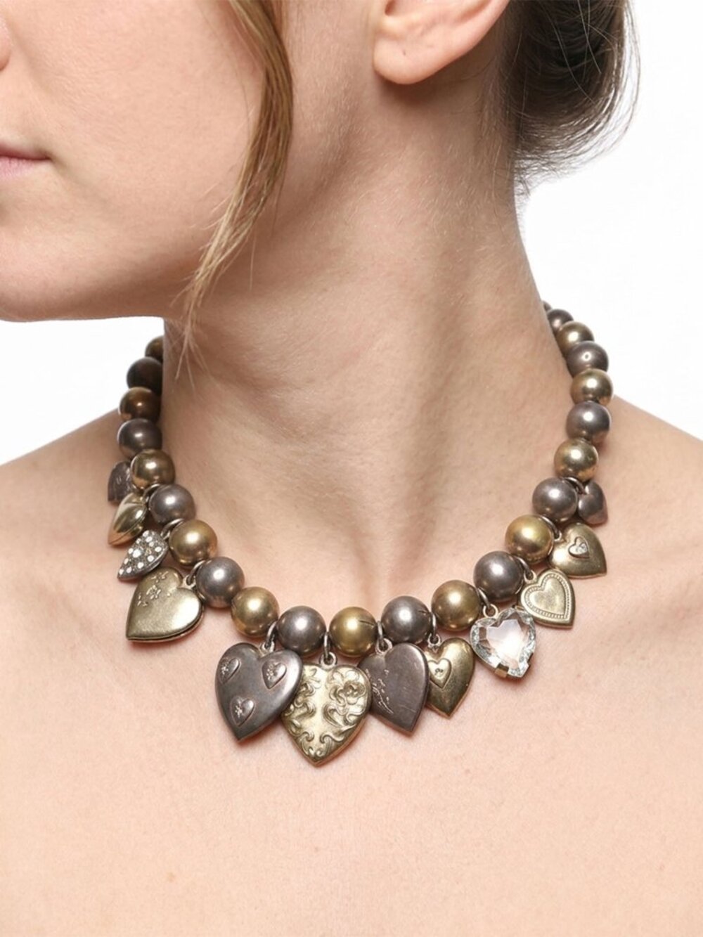 Vintage Chunky Gold Silver Tone Bead & Multi Heart Charm Cluster Locket Necklace